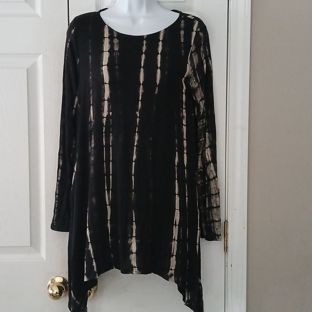 Carole Christian black tan shark bite long sleeve casual tunic top  Sz S NWOT